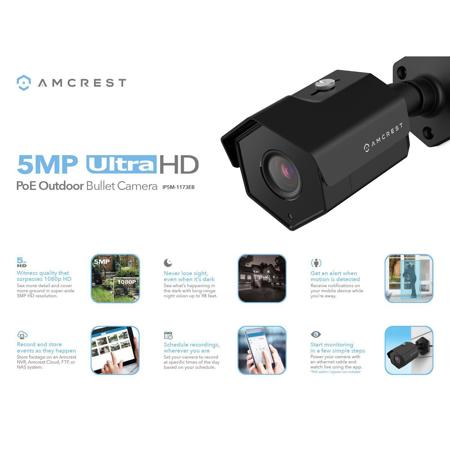 Amcrest UltraHD 5MP PoE Bullet IP Camera with IR, 3.6mm Lens, Black