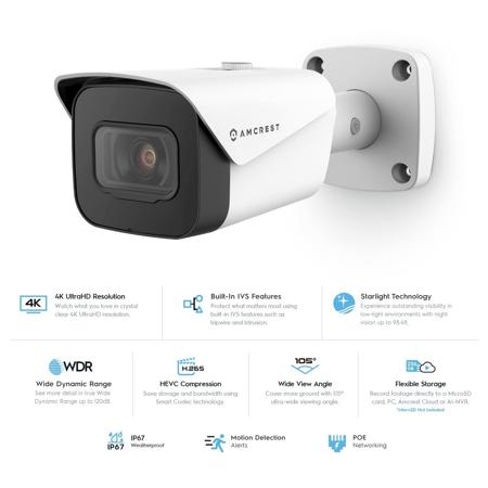 Amcrest 4K UHD 8MP Outdoor Security PoE Bullet IP Camera with 2.8mm Lens, White