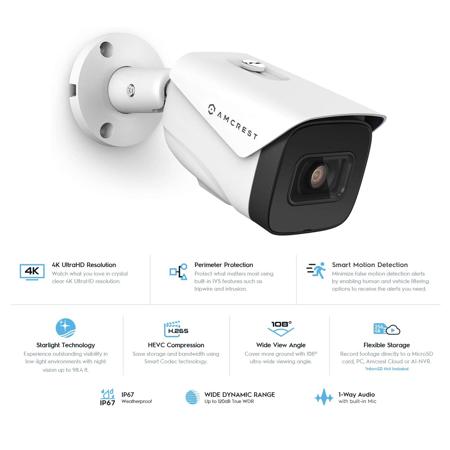 Amcrest 4K UHD 8MP AI Outdoor Security PoE Bullet IP Camera w/2.8mm Lens, White