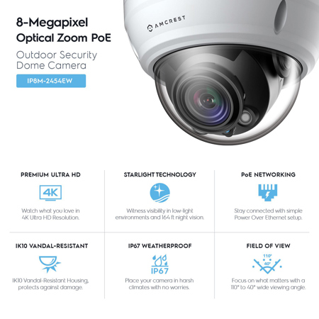 Amcrest IP8M-2454EW UltraHD 8MP 4K Outdoor IP Security Dome Camera, White