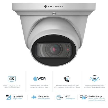 Amcrest 4K UHD 8MP Outdoor Security PoE Turret IP Camera w/2.7-12mm Lens, White