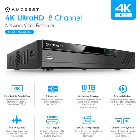 Amcrest NV4108-A2 4K Ultra HD 8-Channel Network Video Recorder, No HDD