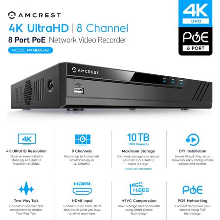 Amcrest NV4108E-A2 4K 8-Channel H.265 8-Port PoE Network Video Recorder, No HDD