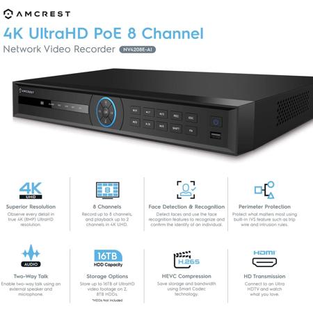 Amcrest 4K UHD 8-Channel 8-Port PoE AI Network Video Recorder, No HDD