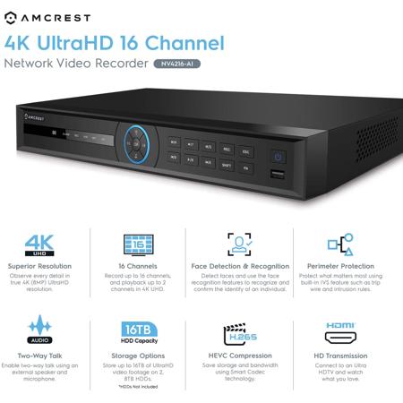 Amcrest 4K UHD 16-Channel AI Network Video Recorder, No HDD