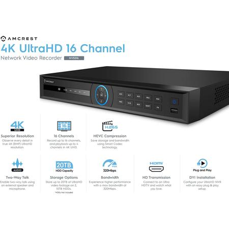 Amcrest NV5216 4K UHD 16-Channel H.265 Network Video Recorder with 4TB HDD