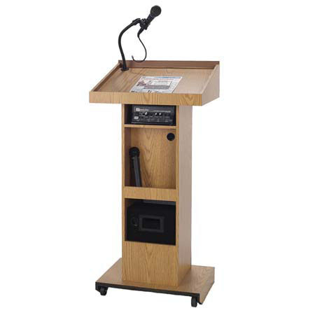 AmpliVox S500 Sound Column Lectern with 50 Watt Multimedia Stereo Amplifier, Cardioid Dynamic Handheld Mic, 2 Tilt 'n Wheels Casters, Walnut