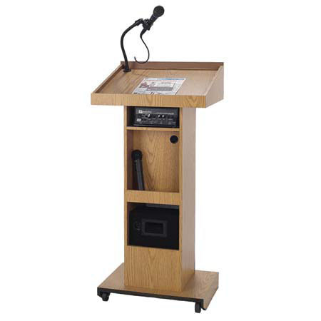 AmpliVox SSG500 Sound Column Lectern with Electret Gooseneck Mic, 50 Watt Multimedia Stereo Amplifier, 2 Tilt 'n Wheels Casters, Light Oak