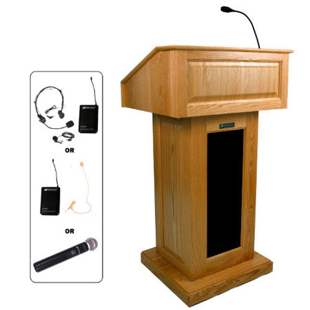 AmpliVox SW3020 Lectern with Lapel Mic, Natural Oak