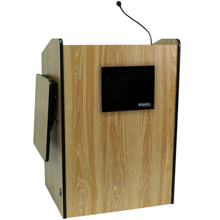 AmpliVox Wireless Presentation Podium with Headset Mic, Medium Oak