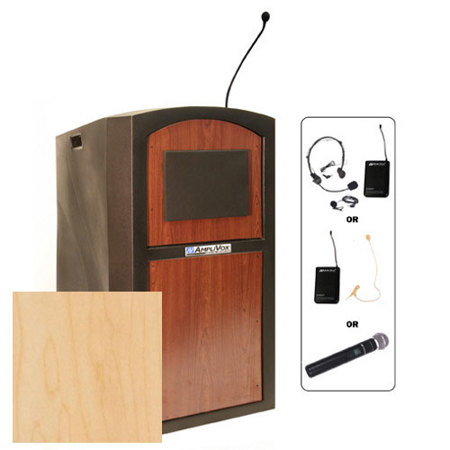 AmpliVox Wireless Pinnacle Multimedia Lectern with Handheld Mic, Maple