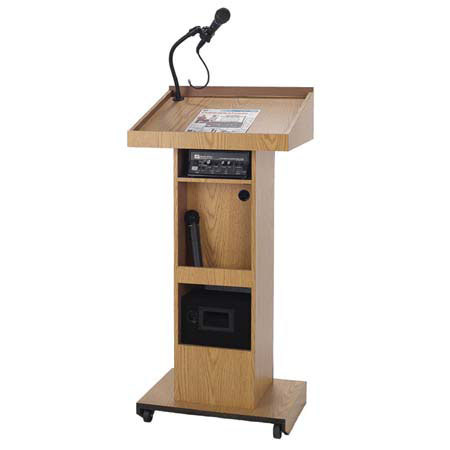 AmpliVox SWG500 Wireless Sound Column Lectern with Electret Gooseneck Mic, 50W Multimedia Stereo Amplifier, Wireless Headset Mic, Light Oak