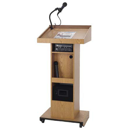 AmpliVox SWG500 Wireless Sound Column Lectern with Electret Gooseneck Mic, 50W Multimedia Stereo Amplifier, Wireless Lapel Mic, Mahagony
