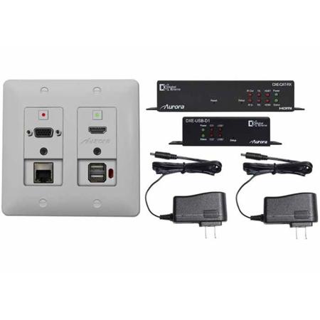 Aurora Multimedia 4K HDBaseT Wall Plate (VGA/HDMI, LAN, USB) with USB Device Side Unit, Receiver & Power Supply, White