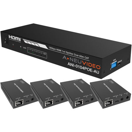 A-NeuVideo ANI-0104POE-AU 1x4 HDMI POE 4K60Hz/1080p CAT6 Extender Splitter with 8x Receivers