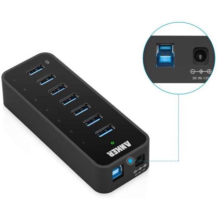 Anker 60W 7-Port USB 3.0 Data Hub with 3 Smart Charging Ports, Black