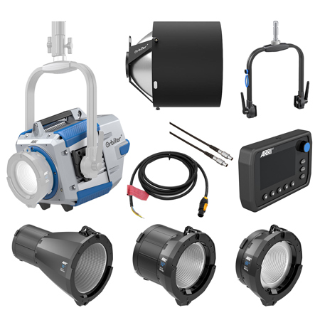 ARRI Orbiter LED Light with Open Face without Lens, Blue/Silver, Bundle with Control Panel, 49" Cable, Manual Yoke, 10' powerCON to Bare Ends Cable, Beam Optic, 15 Degree, 30 Degree & 60 Degree Open Face Optic