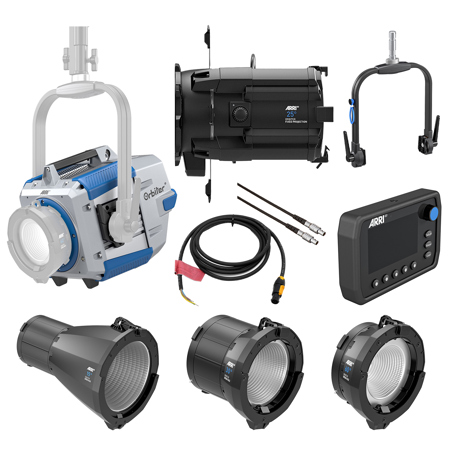 ARRI Orbiter LED Light with Open Face without Lens, Blue/Silver, Bundle with Control Panel, 49" Cable, Manual Yoke, 10' powerCON to Bare Ends Cable, 25 Degree Projection Optic, 15 Degree, 30 Degree & 60 Degree Open Face Optic