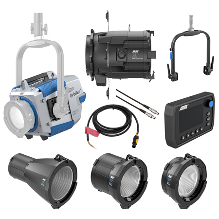 ARRI Orbiter LED Light with Open Face without Lens, Blue/Silver, Bundle with Control Panel, 49" Cable, Manual Yoke, 10' powerCON to Bare Ends Cable, 35 Degree Projection Optic, 15 Degree, 30 Degree & 60 Degree Open Face Optic