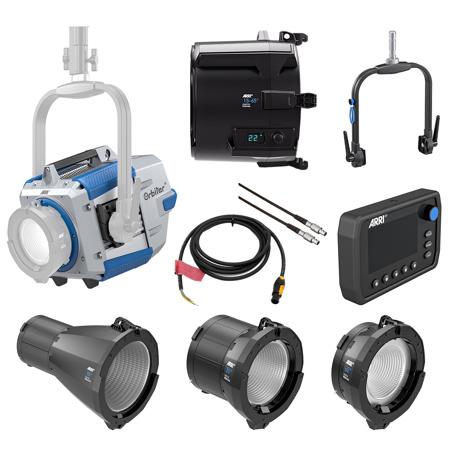 ARRI Orbiter LED Light with Open Face without Lens, Blue/Silver, Bundle with Control Panel, 49" Cable, Manual Yoke, 10' powerCON to Bare Ends Cable, 15-65 Degree Fresnel Lens, 15 Degree, 30 Degree & 60 Degree Open Face Optic