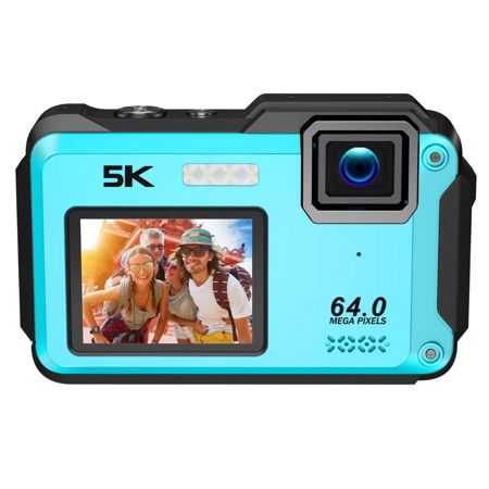 Aries SplashCam Pro 64MP Waterproof Digital Camera - Dual Display, WiFi, 16X Zoom (Blue)