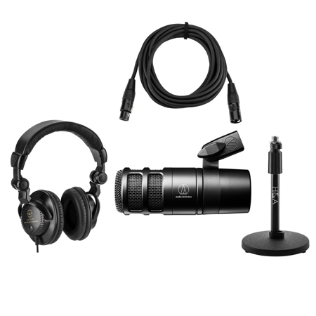 Audio-Technica AT2040 Hypercardioid Front-Address Dynamic Podcast Microphone, Bundle with H&A Tabletop Microphone Stand & Studio Monitor Headphones