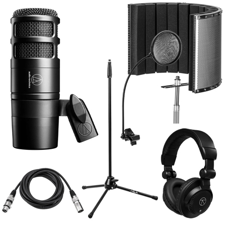 Audio-Technica AT2040 Hypercardioid Front-Address Dynamic Podcast Microphone, Bundle with Reflection Filter, Tripod Stand, Pop Filter, TAPH100 Headphones and XLR Cable