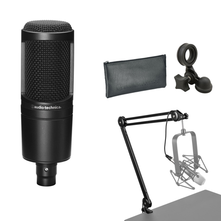 Audio-Technica AT2020 Cardioid Condenser Microphone, Bundle with Broadcast Arm with Internal Springs and Integrated 10' XLR Cable