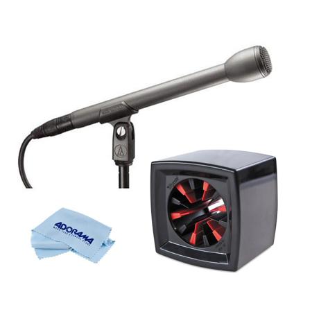 Audio-Technica AT8004L Handheld Omnidirectional Dynamic Interview Microphone, 9.43" Long Handle - With Rycote Square Mic Flag for Reporter Mics Ranging 19 to 38mm (0.74-1.49"), Black, Microfiber Cloth