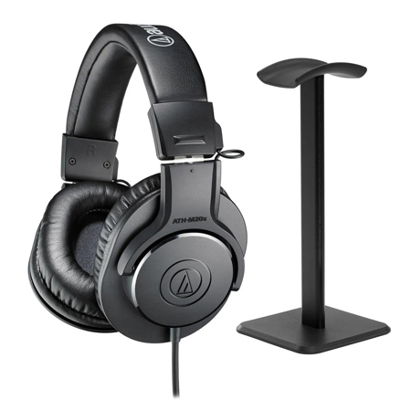Audio-Technica ATH-M20x Closed-Back Over-Ear Professional Monitor Headphones, Black, Bundle with Desktop Stand
