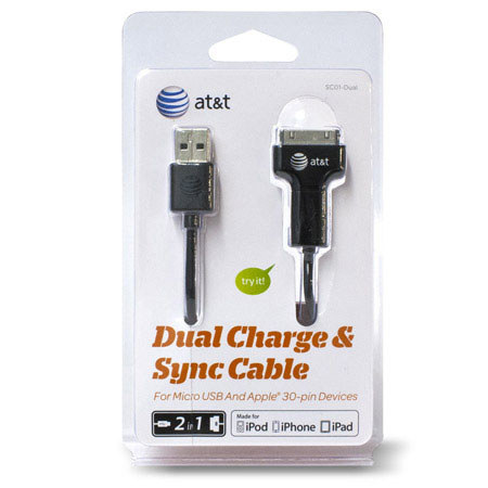 AT&T SC01-Dual 2-in-1 Charge and Sync Cable for All micro USB & Apple 30-pin, 4'