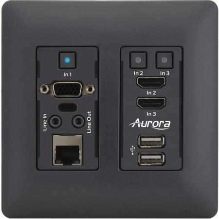 Aurora HTW-2 3 Input VGA & HDMI HDBaseT 2.0 Wall Plate Transmitter, Black