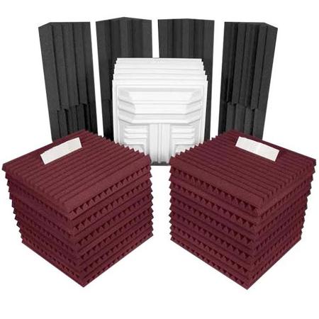 Auralex Deluxe Plus Roominator Kit, 24 Studiofoam Wedge Panels 2x24x24" (Burgundy), 8 LENRD Bass Traps, 6 T'Fusor Diffusors, 168 EZ-Stick Pro Tabs