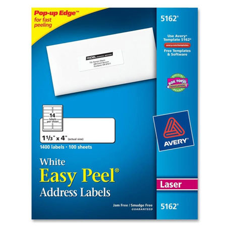 Avery Easy Peel White Address Labels f/Laser, 1-1/3" x 4", Box of 1400