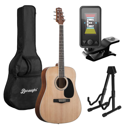 Boroughs B30DNT Dreadnought Acoustic Guitar, Natural, Bundle w/Accessories Kit