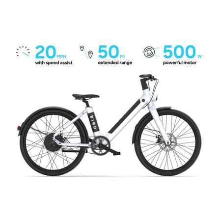 BirdBike V-Frame eBike with 50mi Max Operating Range & 20mph Max Speed, White