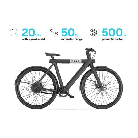 BirdBike A-Frame eBike with 50mi Max Operating Range & 20mph Max Speed, Black