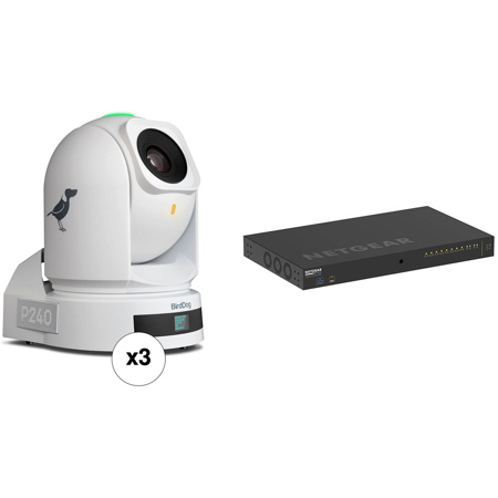 BirdDog P240 FHD NDI/HDMI/3G-SDI 40x PTZ Camera,3-Pack w/12-Port Managed Switch White