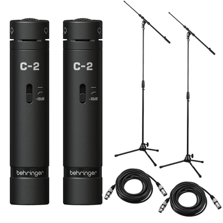 Behringer C-2 Dark Edition Matched Studio Condenser Microphones, Black, Pair, Bundle with 2x Tripod Stand with Telescoping Boom and 2x Value Series XLR M to F Microphone Cable