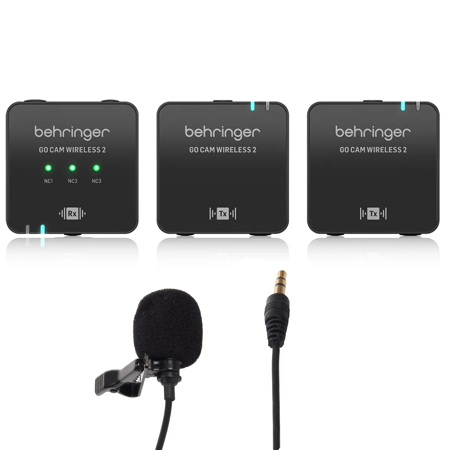 Behringer GO CAM Wireless 2 Digital Dual Clip-On Microphone System for Content Creators, Bundle with TASL100 Omnidirectional Lavalier Microphone