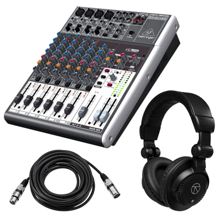 Behringer XENYX 1204USB Premium 12-Input 2/2-Bus Mixer, Bundle with TAPH100 Headphones and 25' XLR Microphone Cable