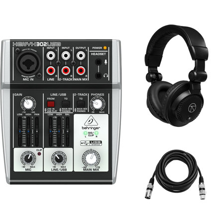 Behringer XENYX 302USB Premium 5-Input Mixer with Mic Preamp and USB/Audio Interface, Bundle With Closed-Back Studio Monitor Headphones and 15' Value Series XLR Microphone Cable
