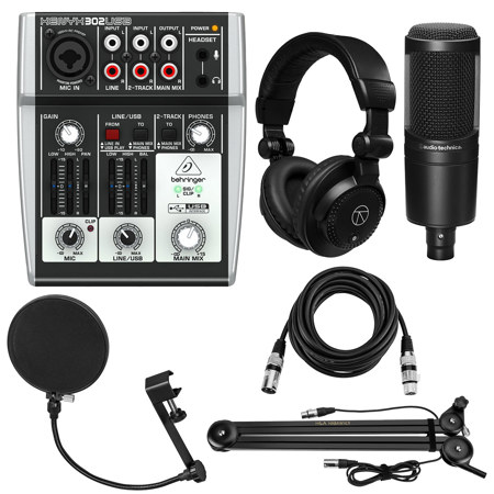 Behringer XENYX 302USB Premium 5-Input Mixer, Bundle with AT2020 Microphone, Broadcast Arm with Internal Springs, Studio Headphones, Pop Filter and 15' XLR Cable (6 Items)