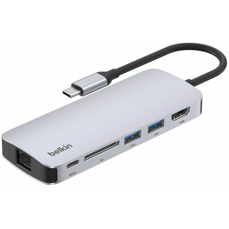 Belkin Connect 100W 6-in-1 USB-C Multi-Port Hub V2, Silver