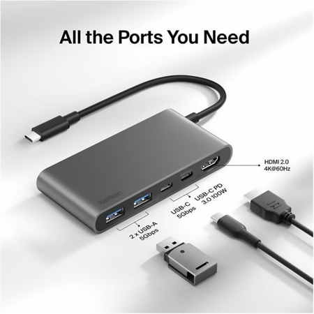 Belkin Connect 100W 5-Port USB-C Hub with Dual USB-C Ports, Space