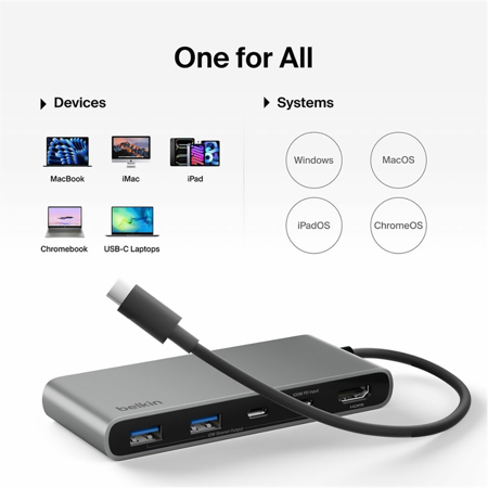Belkin Connect 100W 7-Port USB-C Hub with Dual USB-C Ports, Space