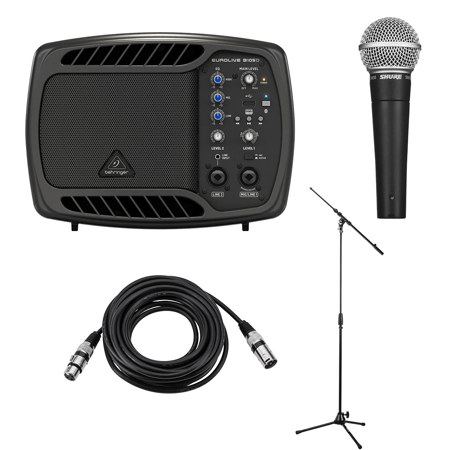 Behringer B105D 5" 50W Ultra-Compact Multi-Purpose Active PA and Monitor Speaker, Bundle with SM58-LC Microphone, Stand, 25' XLR Cable