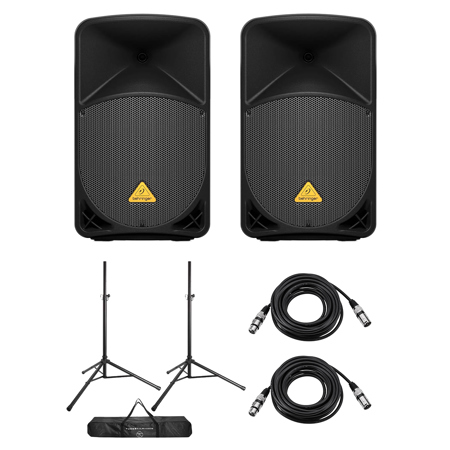 Behringer Eurolive B112W 12" 1000W 2-Way Active PA Powered Speaker, Pair, Bundle with Speaker Stands and XLR Cables