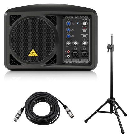 Behringer Eurolive B205D 5.25" Ultra-Compact 150W Active PA Monitor Speaker System, Bundle with Mic Stand and 25' XLR Microphone Cable