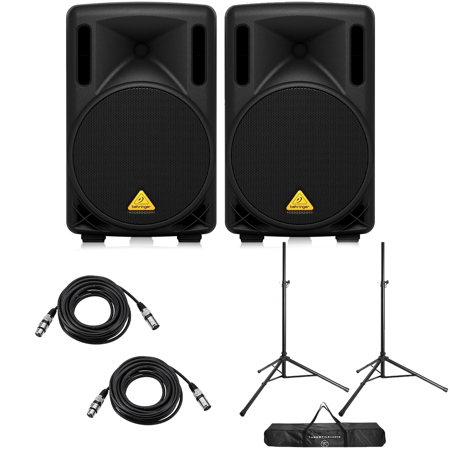 Behringer Eurolive B210D 10" 200W 2-Way Active PA Speaker System, Pair, Bundle with 2x Speaker Stand and 2x Value Series 25' XLR Microphone Cable